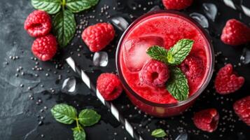 selectief focus Aan levendig framboos smoothie in ontgiften eetpatroon concept voor gezond vegetarisch aan het eten foto