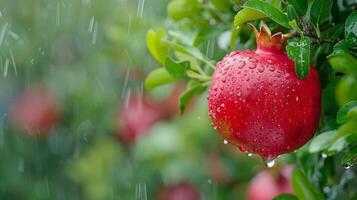 dichtbij omhoog micro schot van vers granaatappel fruit met water druppels Aan boom, breed banier met kopiëren ruimte foto