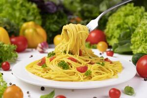 bord van Italiaans pasta, spaghetti Aan vork met tomaten en basilicum foto