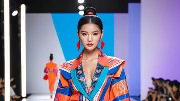 Aziatisch vrouw model- presentatie van levendig traditioneel kleding Aan een mode landingsbaan, resoneren met thema's van cultureel festivals en modern mode trends foto