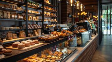 de verleidelijk geuren van vers gebrouwen koffie en kunstzinnig gebakjes zweven door de lucht stimulerend de zintuigen en tanken creativiteit. 2d vlak tekenfilm foto