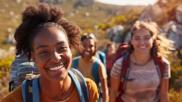 een groep van vrienden Aan een wandeltocht lachend en genieten van natuur beeltenis de voordelen van fysiek werkzaamheid voor mentaal en emotioneel welzijn foto