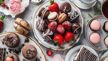 een decadent verspreiding van met chocolade bedekt aardbeien macarons en petit vieren toevoegen een tintje van toegeeflijkheid naar een traditioneel high tea middag foto