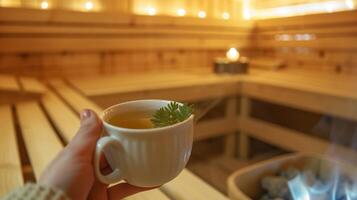 een detailopname van een personen hand- Holding een kop van kruiden thee met een sauna in de achtergrond presentatie van de holistische nadering naar gebruik makend van sauna's voor verdrietig behandeling. foto