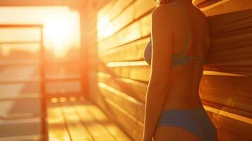 een beeld van een strand volleybal speler gebruik makend van een sauna bevorderen de voordelen van sauna's in verminderen ontsteking en bevorderen genezing in gewrichten. foto