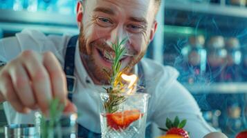 een mixologist glimlachen net zo ze ontbranden een klein takje van rozemarijn infuseren haar rokerig aroma in een gin en tonic met een fruit twist foto