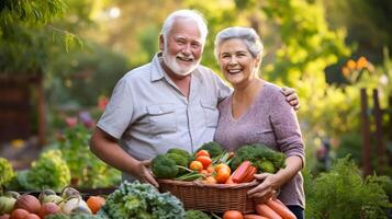 een glimlachen senior paar staat kant door kant in hun weelderig tuin omringd door manden overlopend met mollig bessen knapperig sla en levendig wortels belichamen de tevredenheid foto