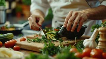 een chef voorzichtig plakjes vers groenten terwijl de andere mengsels een verscheidenheid van kruiden en es in een Mortier en stamper. de aroma's zwaaien door de keuken zijn verleidelijk en verfrissend foto