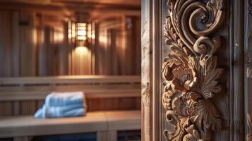 een handgemaakt sauna interieur met ingewikkeld houtsnijwerk en details creëren een knus en intiem atmosfeer. foto