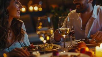 een luxueus dining kamer met een stijlvol gekleed paar genieten van een romantisch avond in terwijl hun persoonlijk chef duurt zorg van de Koken foto