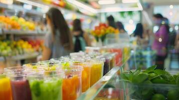 een groep van mensen gretig aan het wachten in lijn naar plukken uit hun keuze van ingrediënten voor hun smoothies foto