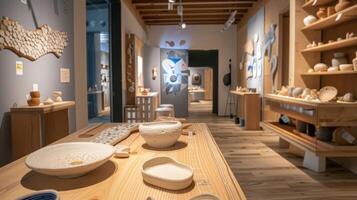 de laatste kamer van de tentoonstelling waar kijkers kan zien de afgewerkt producten van de interactief activiteiten creëren een zin van vervulling en verbinding naar de kunst van aardewerk maken. foto