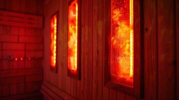 de gloeiend rood warmte lampen van de sauna uitstoten warmte op een personen terug het verstrekken van ogenblik Verlichting van ongemak. foto