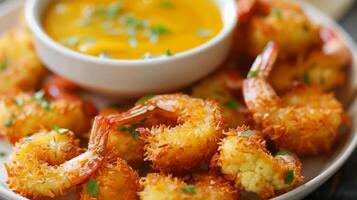 genieten de smaken van de strand met deze krokant veganistisch kokosnoot garnaal gemaakt met gehavend en gebakken bloemkool roosjes en geserveerd met een zoet mango dompelen saus foto