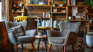 een knus hoek met comfortabel stoelen en een plank vol van boeken waar klanten kan kom tot rust en genieten hun gepersonaliseerd koffie mengsel in vrede foto