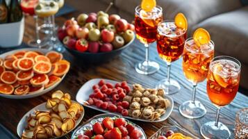 een verspreiding van spel dag snacks Aan een koffie tafel met een verscheidenheid van mocktails en nulalcohol cocktails geserveerd in luxe bril foto