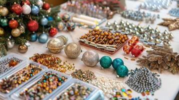een verscheidenheid van versieringen en decoraties zo net zo schitteren pailletten en kralen gelegd uit voor gasten naar aanpassen hun ornamenten. foto
