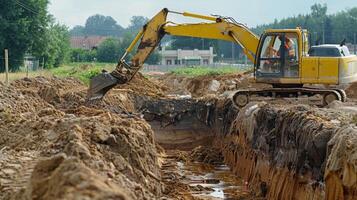 een bouw arbeider in werking een graafmachine creëren een diep loopgraaf voor de fundament van een nieuw gebouw foto