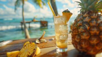 de warm oceaan bries draagt de aroma van vers ananas en gekoeld kokosnoot water van de strand tussendoortje bar foto