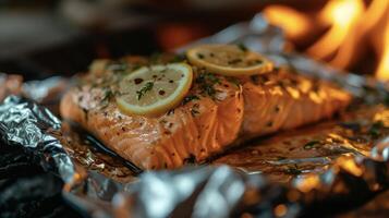 net zo de vlammen dans in de achtergrond genieten de inschrijving en vlokkig Wild gevangen Zalm ingekapseld in folie doordrenkt met hints van citrus en aromatisch kruiden foto