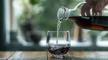 een persoon gieten een drank in een glas beoefenen bedachtzaam deel controle foto