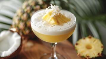 een tropisch geïnspireerd cocktail met een mengen van rum ananas sap en een plons van kokosnoot room foto