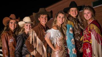 de thuiskomst rechtbank is gekleed naar indruk maken in hun het beste western kleding van omzoomd jassen naar cowboy laarzen en glam western jurken foto