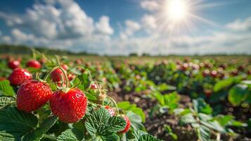 detailopname van aardbeien groeit in een aardbeien bosje onder helder zon en blauw lucht gegenereerd door ai. foto