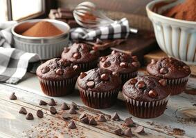 dubbele chocola spaander muffins Aan een hout tafel gegenereerd door ai. foto