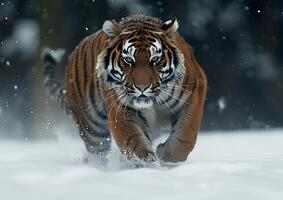 tijger rennen in de sneeuw gegenereerd door ai. foto