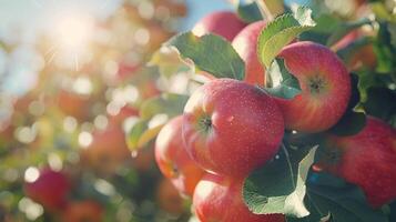 detailopname van appels groeit in een appels bosje onder helder zon en blauw lucht gegenereerd door ai. foto