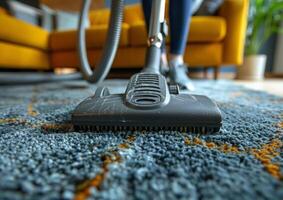 vrouw schoonmaak met vacuüm schoonmaakster tapijt in de leven kamer Bij huis gegenereerd door ai. foto