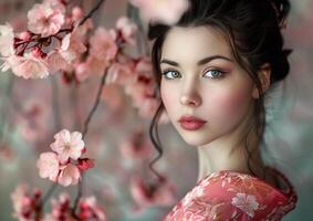 portret van een vrouw vervelend een geisha kostuum en geisha bedenken met roze sakura bloemen. foto