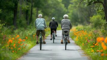 gelukkig senioren rijden hun Fietsen langs een geplaveid spoor omringd door weelderig groen en mooi bloemen foto