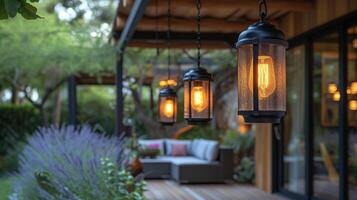 een dichterbij kijken Bij een rustiek lantaarnstijl licht hangende bovenstaand een houten patio creëren een rustiek nog elegant sfeer foto