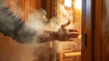 een individu binnengaan de sauna voorzichtig sluitend de deur naar ervoor zorgen stoom- niet ontsnappen. foto