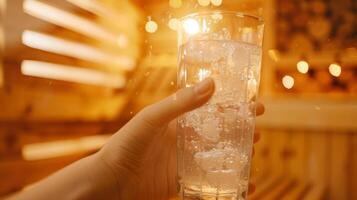 een persoon drinken een hoog glas van ijs water in de sauna blijven gehydrateerd net zo ze zweet uit gifstoffen. foto