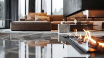 een luxueus lounge Oppervlakte opscheppen een chique haard met een glanzend glas facade. 2d vlak tekenfilm foto