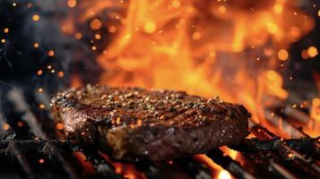 de onmiskenbaar aroma van een steak grillen over- een Open vlam veelbelovend een heerlijk en bevredigend maaltijd verder foto