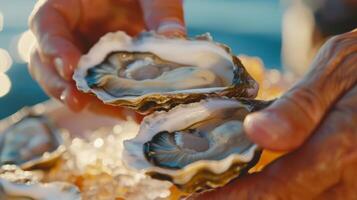 vingers kleverig met zoet en y saus net zo gasten barst Open vers oesters en slurpen zilt mosselen Rechtdoor van hun schelpen foto