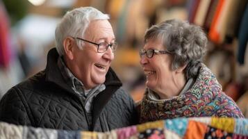 een gepensioneerd paar lachend en herinneringen ophalen net zo ze bladeren door een Scherm van hand genaaid quilts en dekens Bij een kunsten en ambachten eerlijk foto