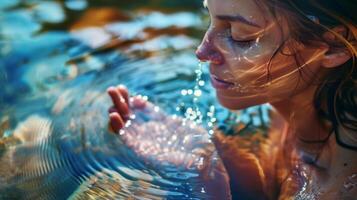 een vrouw dalen haar hand- in een koel natuurlijk voorjaar en brengt de water naar haar lippen foto