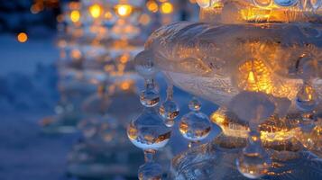 de gloed van de kaarsen reflecterend uit de ingewikkeld details van de ijs beeldhouwwerken. 2d vlak tekenfilm foto
