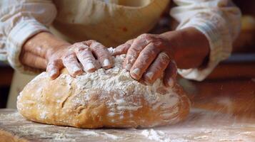 een vrouw voorzichtig scoren de oppervlakte van een ronde brood van brood voordat plaatsen het in de oven naar bakken haar handen gedekt in meel en bepaling Aan haar gezicht foto