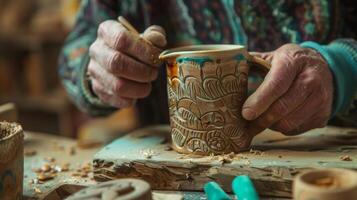 een Mens vakkundig snijwerk ingewikkeld ontwerpen in een blok van hout zijn mok van heet pepermunt thee houden hem warm net zo hij werken foto