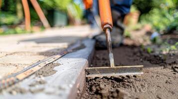 een arbeider toepassingen een beton edger naar creëren een glad en afgeronde rand toevoegen beide functionaliteit en esthetisch in beroep gaan naar de oppervlakte foto