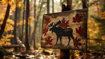 blanco mockup van herfstgeïnspireerd camping Welkom teken met bladeren en een eland silhouet foto