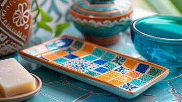 een levendig bohemien geïnspireerd zeep schotel met een mozaïekstijl patroon in tinten van oranje en turkoois. foto