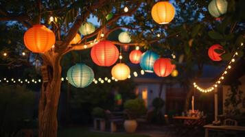 kleurrijk papier lantaarns hangen van de bomen toevoegen een feestelijk tintje naar de achtertuin barbecue bijeenkomst. 2d vlak tekenfilm foto