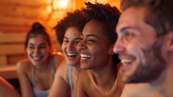 een groep van vrienden chatten en lachend terwijl ontgiftend hun lichamen in de verjongend warmte van de sauna. foto